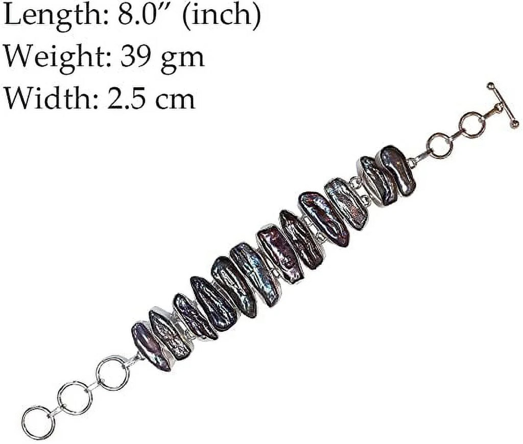 Biwa Pearl Gemstone Bracelet for Women, 925 Silver Plated Handmade 8" Length Adjustable Fashion Jewllery, Gift Party Boho Designer Chain Bracelet