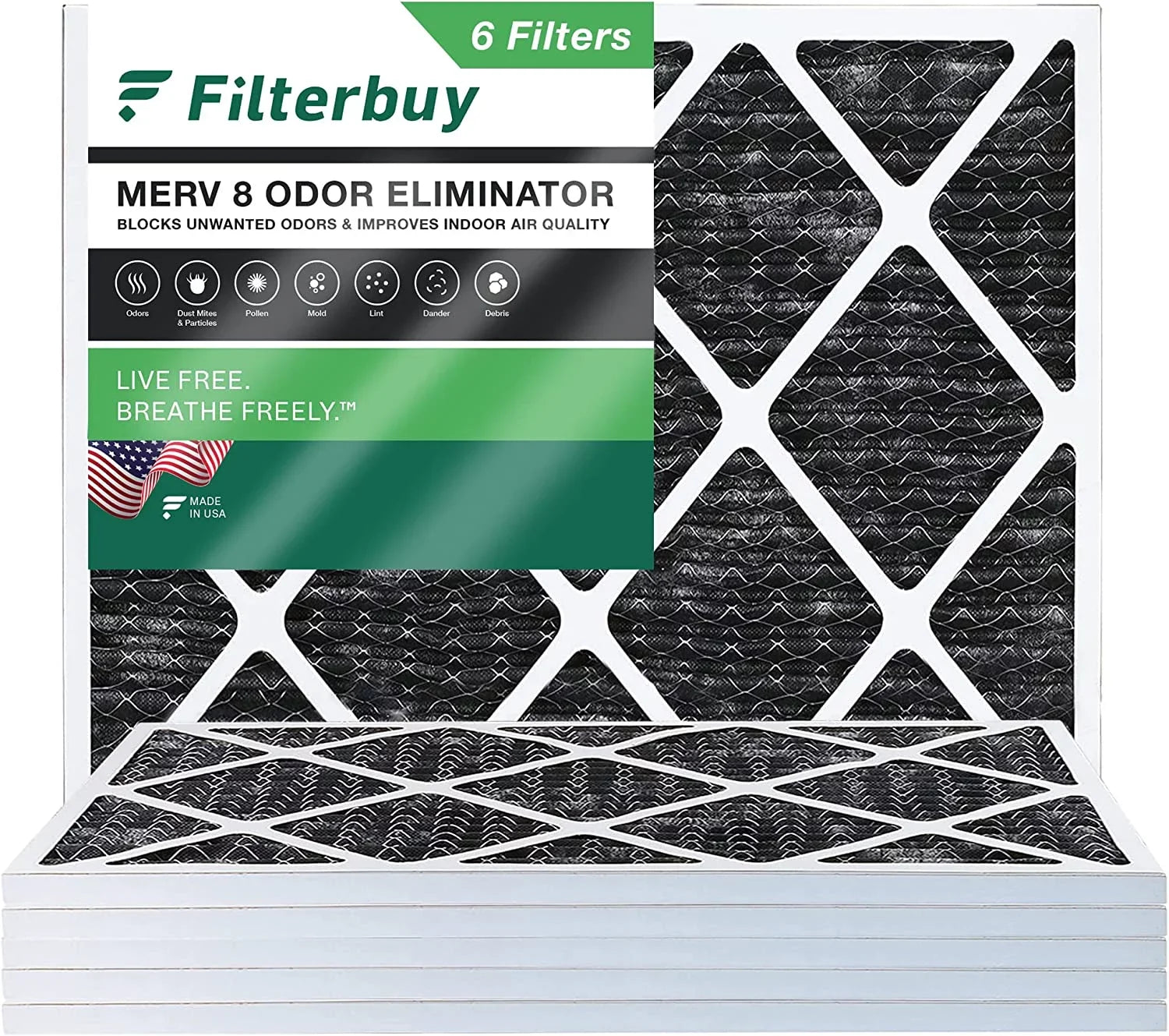 Filterbuy 16x18x1 MERV 8 Odor Eliminator Pleated HVAC AC Furnace Air Filters with Activated Carbon (6-Pack)