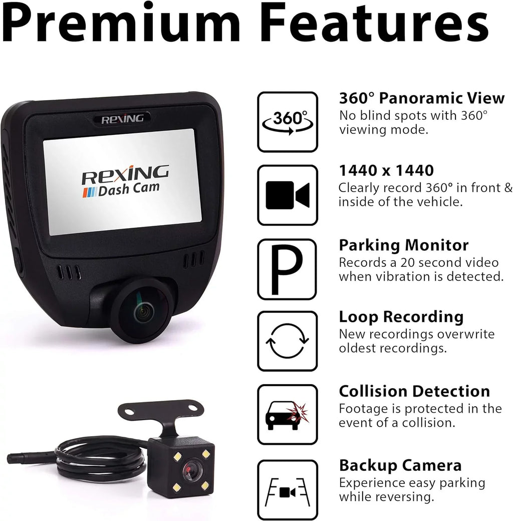 Open Box Rexing V360 360 Degree Wide Angle Dual Channel Dashboard Camera - Black