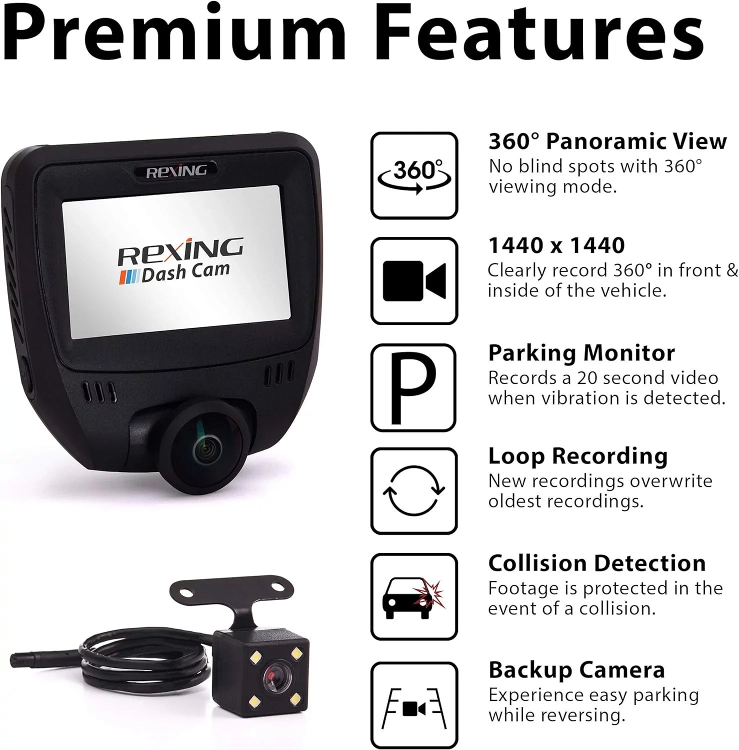 Open Box Rexing V360 360 Degree Wide Angle Dual Channel Dashboard Camera - Black