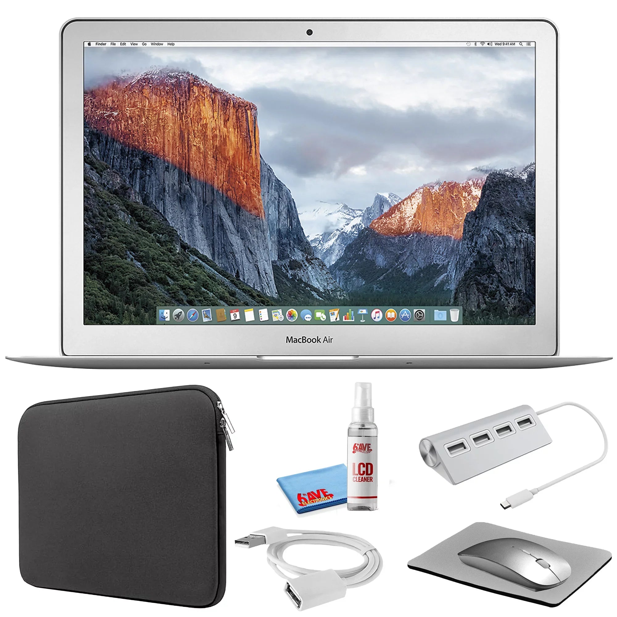 Apple MacBook Air 13-inch (i5 1.6GHz, 256GB SSD) (Early 2015, MJVG2LL/A) - Silver Bundle with Black Zipper Sleeve + Laptop Starter Kit + Cleaning Kit (Refurbished)