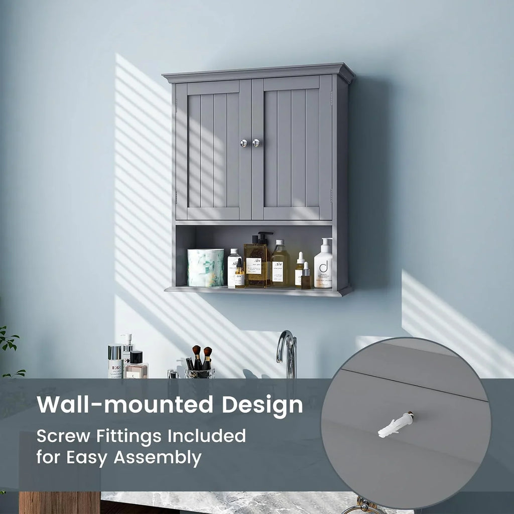Bathroom Wall Cabinet, Wooden Hanging Storage Cabinet with Doors & Shelves, Multipurpose Storage Cabinet for Bathroom Kitchen Living Room, Wall Mounted Bathroom Medicine Cabinet, Grey