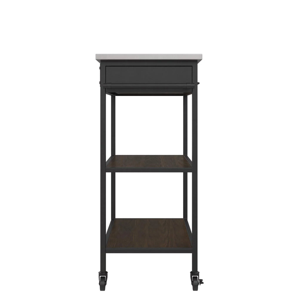 DHP Kane Kitchen Cart, Black Metal Frame, Stainless Steel Counter Top, Pantry Storage, Brown