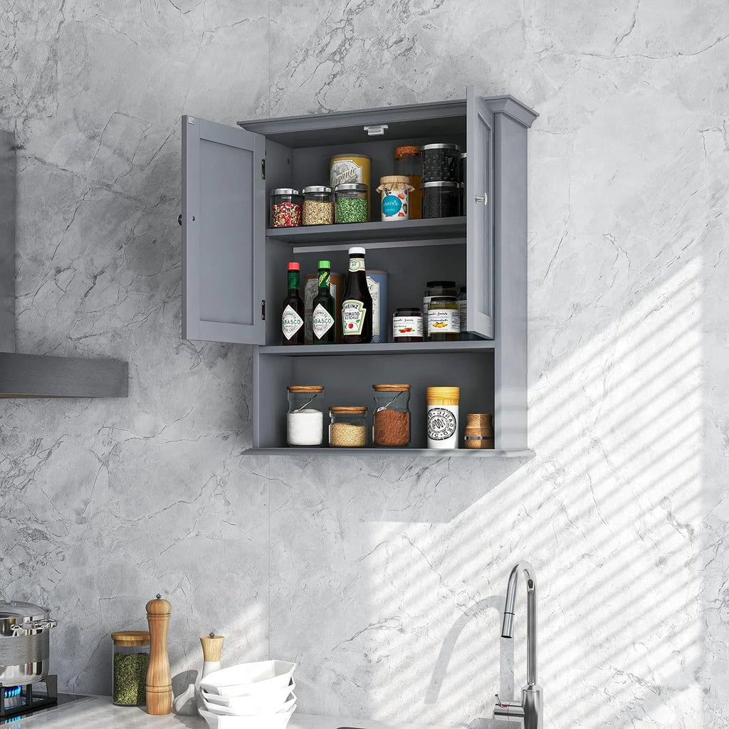 Bathroom Wall Cabinet, Wooden Hanging Storage Cabinet with Doors & Shelves, Multipurpose Storage Cabinet for Bathroom Kitchen Living Room, Wall Mounted Bathroom Medicine Cabinet, Grey