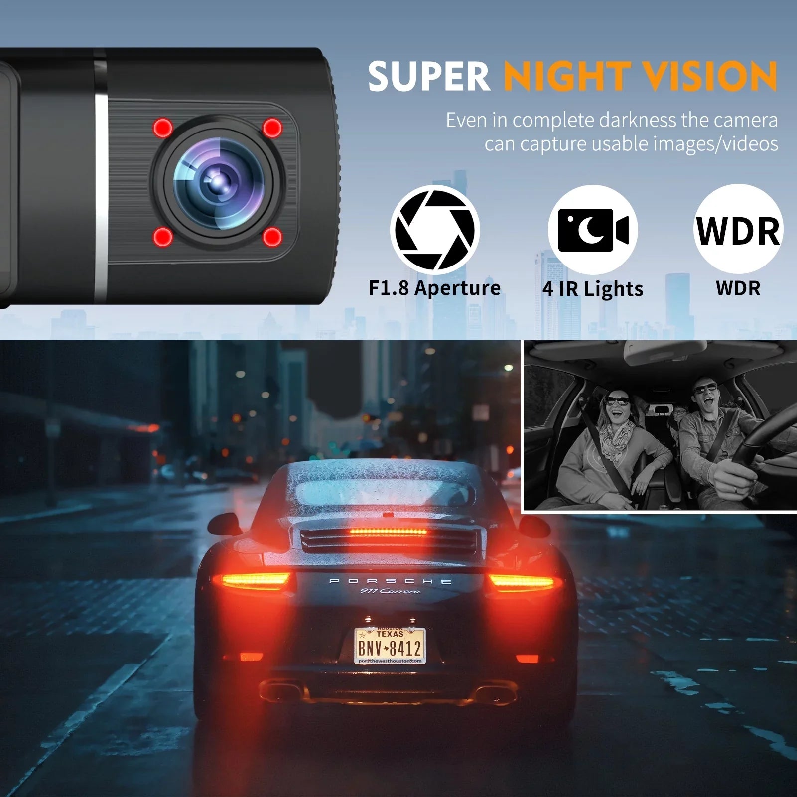 Abask J05 PRO DashCam 4K WiFi - Car Camera Front and Inside with Infrared Night Vision, 24H Parking Monitoring, Motion Sensor, 310° Wide Angle, G-Sensor, Loop Recording, HDR, Up to 128 GB