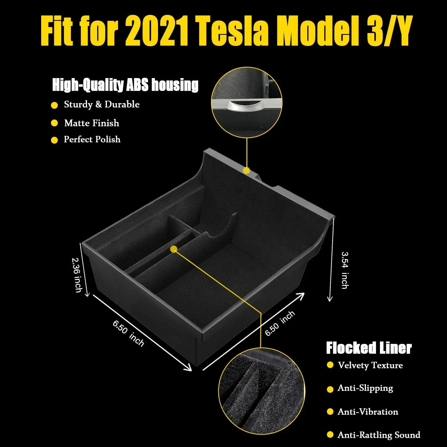 XTAUTO Center Console Organizer Tray Fit for 2021 2022 2023 Tesla Model 3/Y Armrest Storage Box Cubby Drawer Container Tesla Model 3 Model Y Accessories Interior Parts ABS Material Flocked Liner