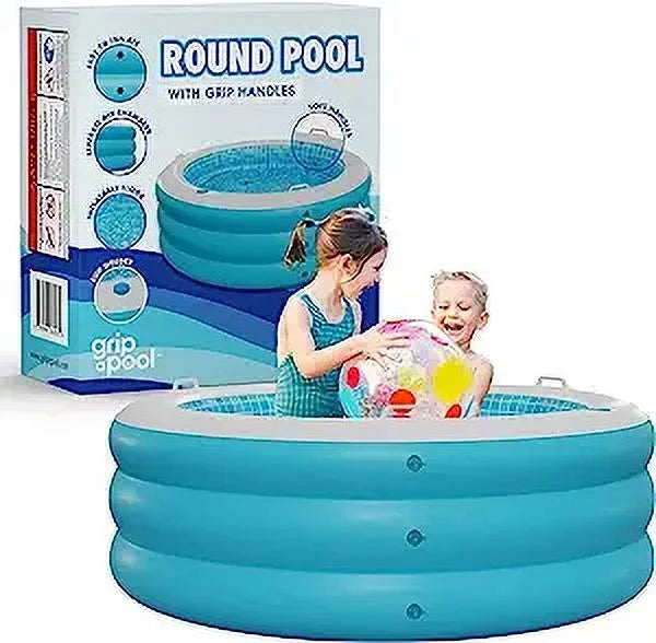 Inflatable Round Kid Swimming Pool with Grip Handle Bars and Blow Up Padded Floor with Drain - 60"x22" Round Large Kiddie Pool Perfect for Adults and Kids Ages 4 5 6 7 8+