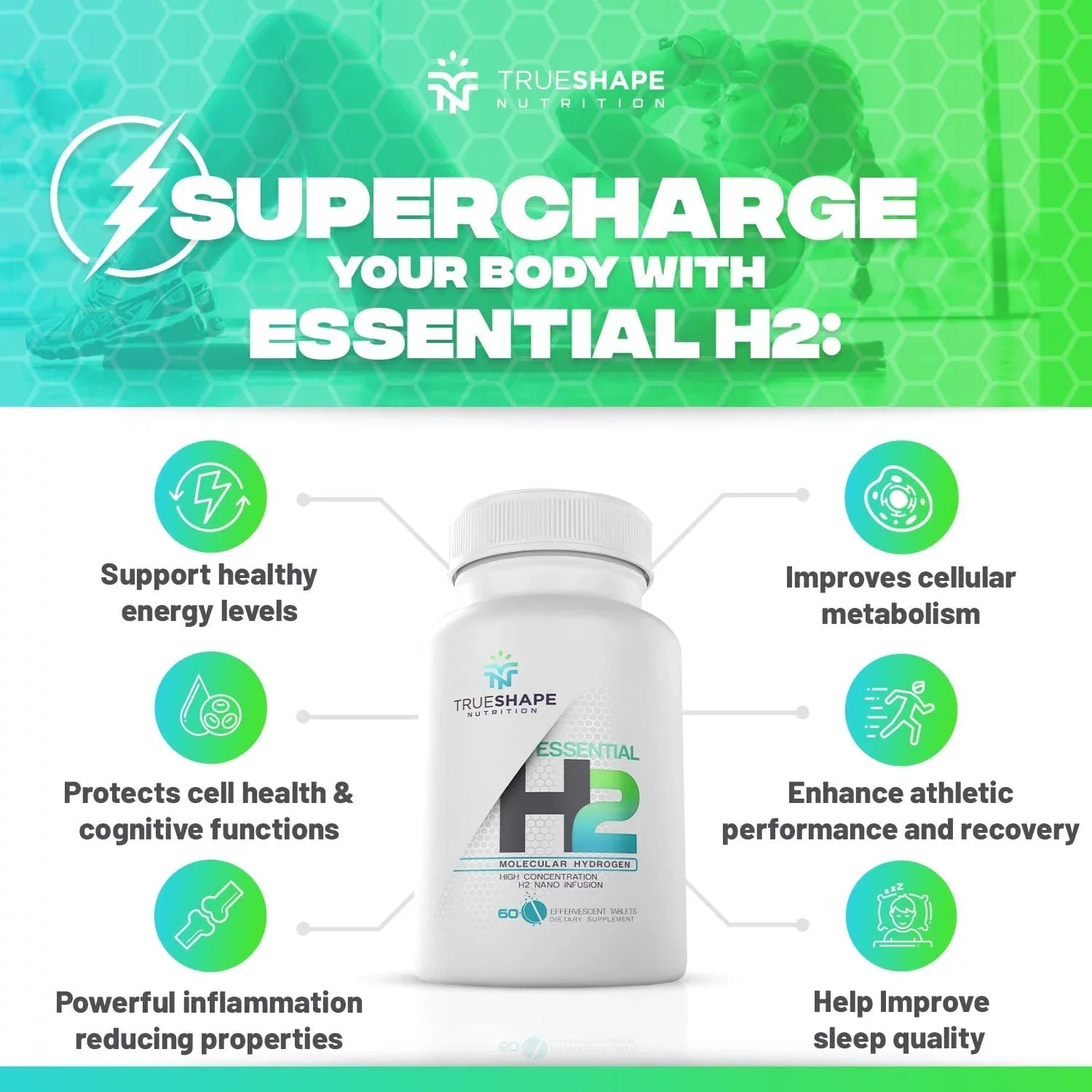 TrueShape Nutrition Essential H2 Fizzy Molecular Hydrogen Tablets for Water Nutritional Supplement (60 Servings)
