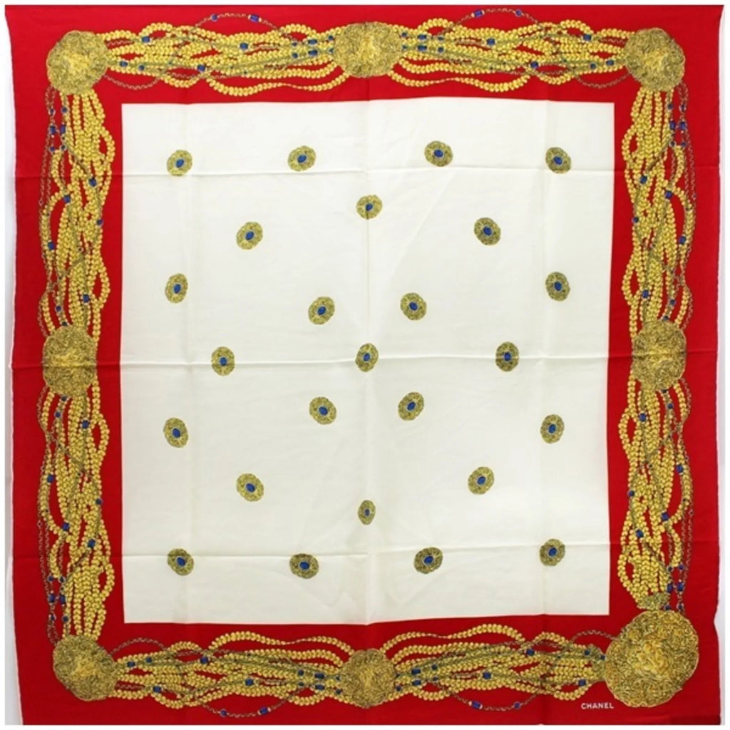 Pre-Owned Chanel Silk Scarf Muffler Chain Pattern Red x Ivory CHANEL | Ladies (Good)