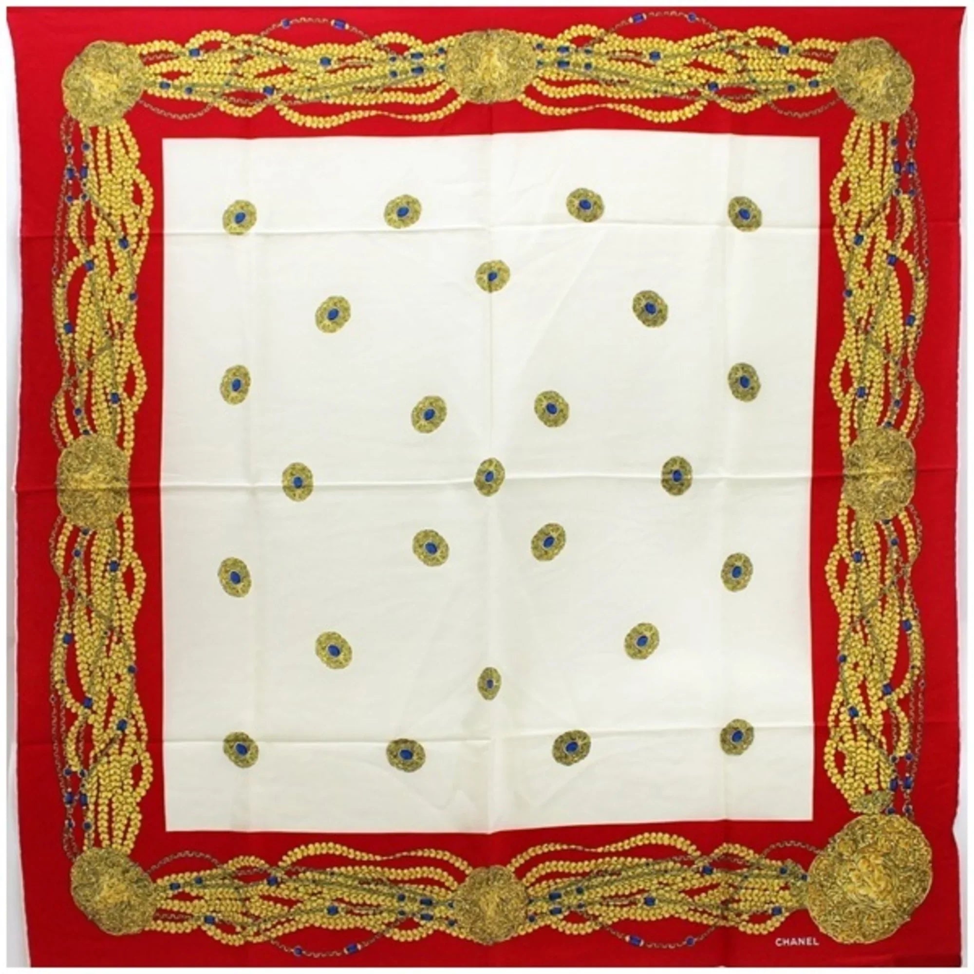 Pre-Owned Chanel Silk Scarf Muffler Chain Pattern Red x Ivory CHANEL | Ladies (Good)