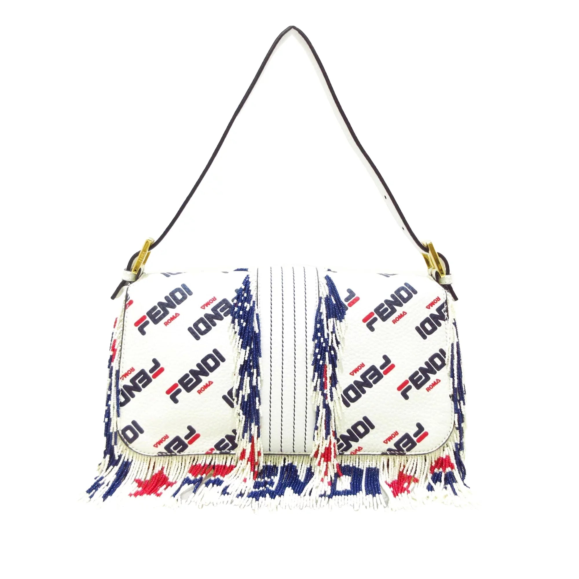 Pre-Owned Authenticated Fendi Fila Mania Beaded Baguette Calf Leather White Shoulder Bag Unisex (Good)