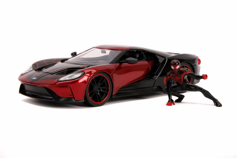 Diecast Car w/Display Case - 2007 Ford GT with Miles Morales Spider Man Figure, Red and Black - Jada 31190/4 - 1/24 Scale Diecast Model Toy Car