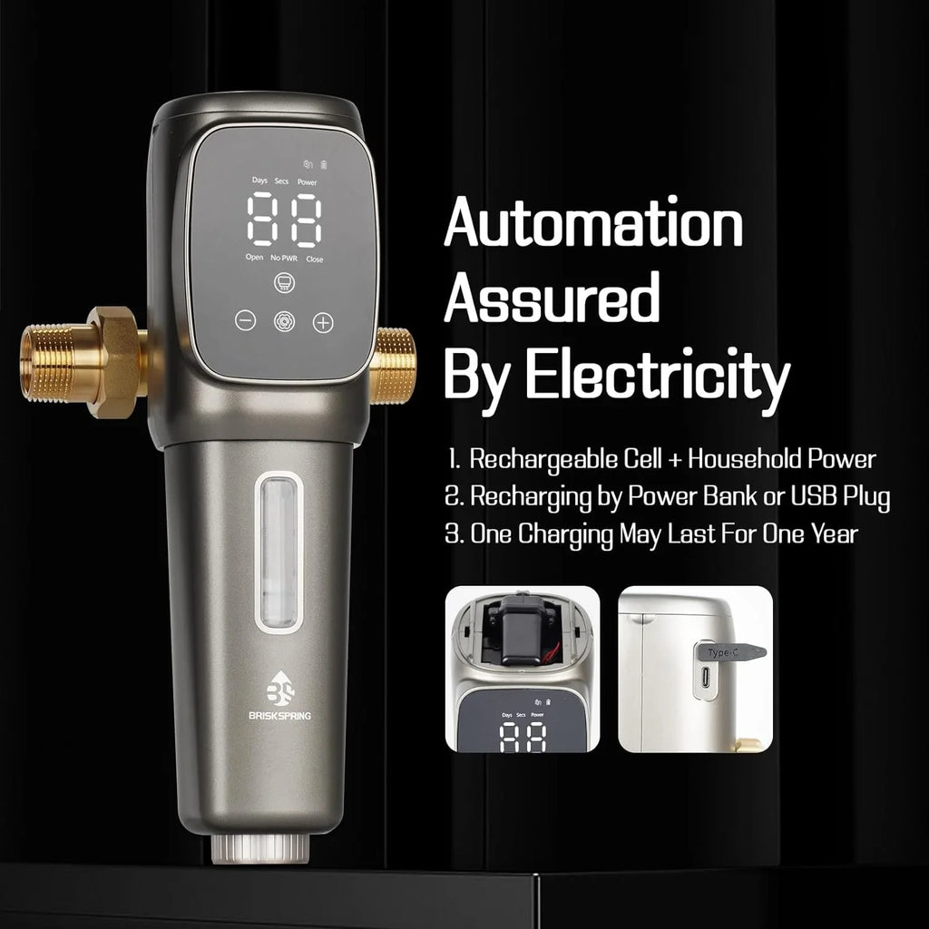 OUWI's King Model Spin Down Sediment Filter, Touch-Screen Automatic Flushing and Drainage, 360°Rotatable Head, 40 Micron Reusable Whole House Water Filter System, 1" MNPT + 3/4" FNPT Connector