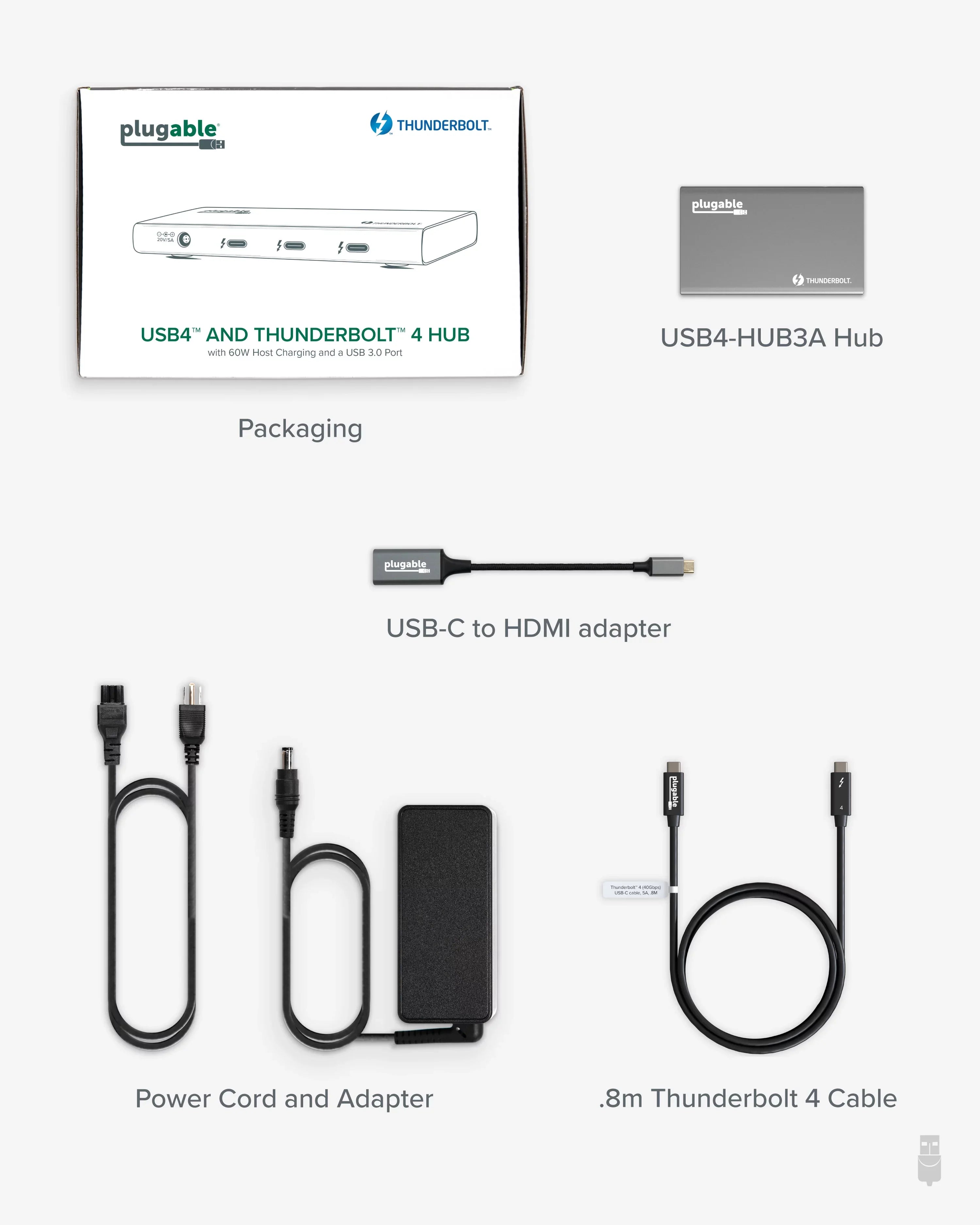 Plugable 5-in-1 Thunderbolt 4 Hub with 60W Charging, Single 8K or Dual 4K Display, Suitable with Thunderbolt USB4 Macs and Thunderbolt 4 / USB4 Windows (1x USB-C to HDMI Adapter)