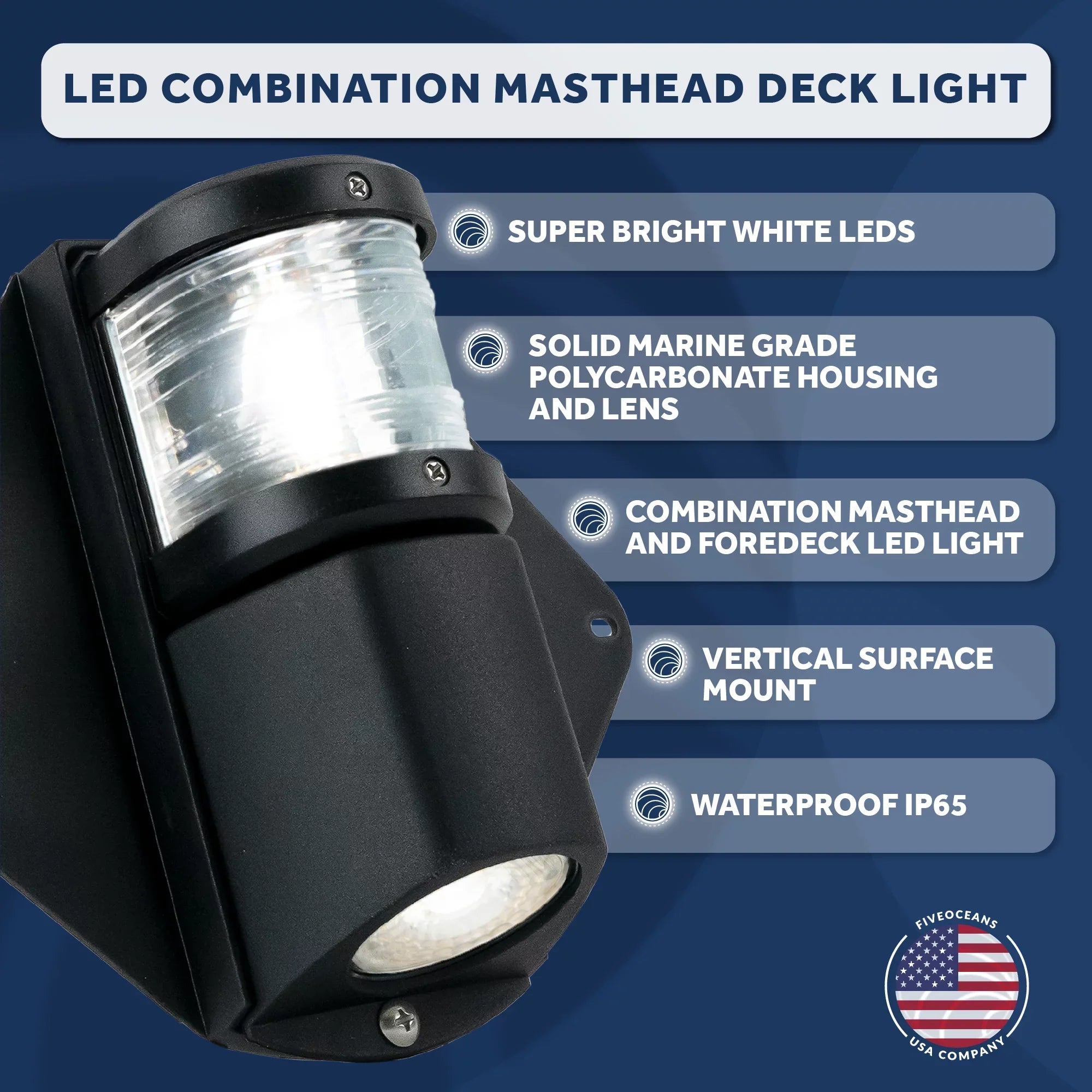 Five Oceans Combination Masthead and Deck Light, LED Masthead Deck Spreader Light, 12V, Vertical Mount for Vessel - FO3837