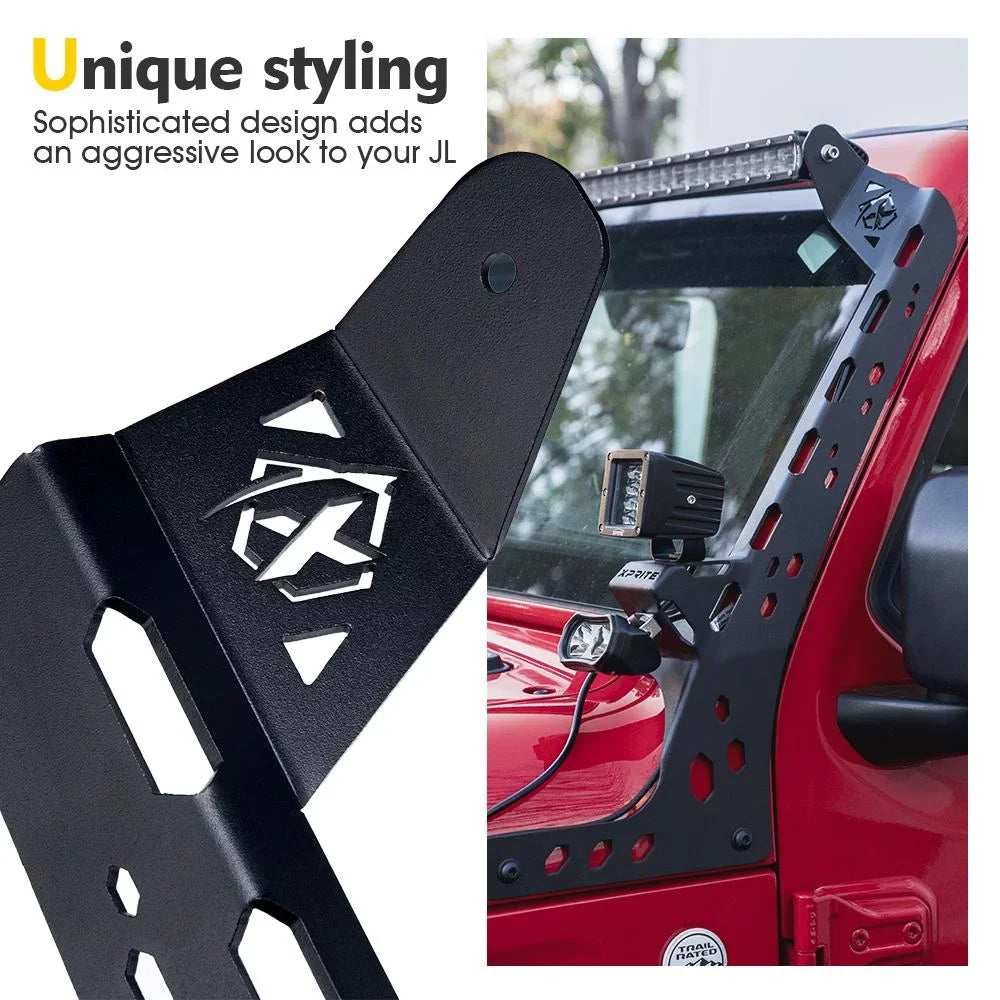 Xprite Universal Front Windshield Light Bar Mounting Brackets fit type 2018+ Jeep Wrangler JL & Gladiator JT