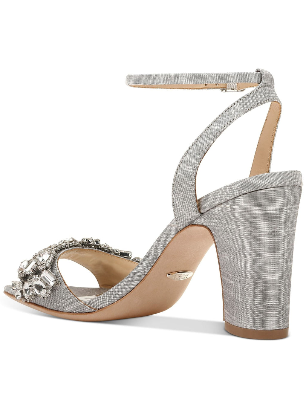 BADGLEY MISCHKA Womens Silver Toe Strap Metallic Rhinestone Round Toe Block Heel Latch Dress Sandals Shoes 7