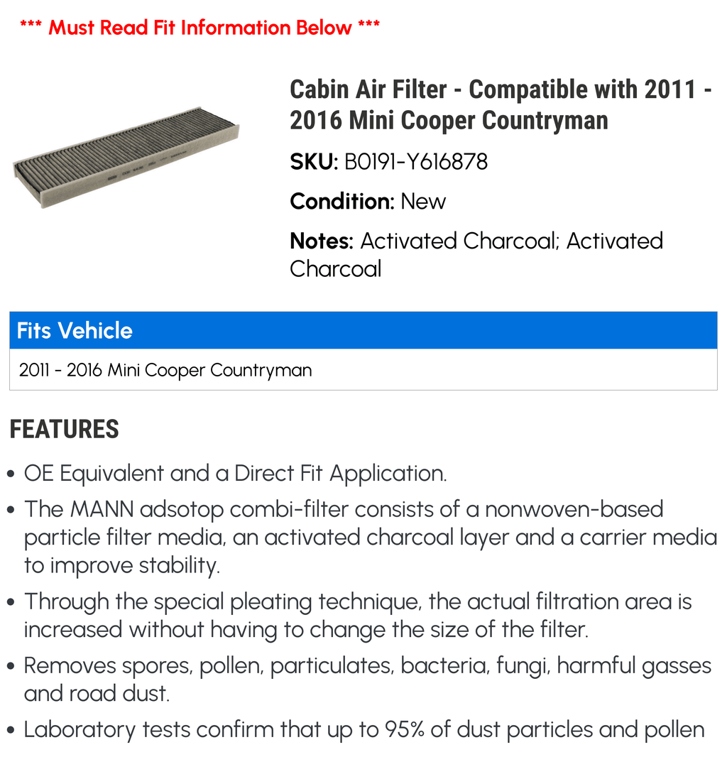 Cabin Air Filter - Suitable with 2011 - 2016 Mini Cooper Countryman 2012 2013 2014 2015