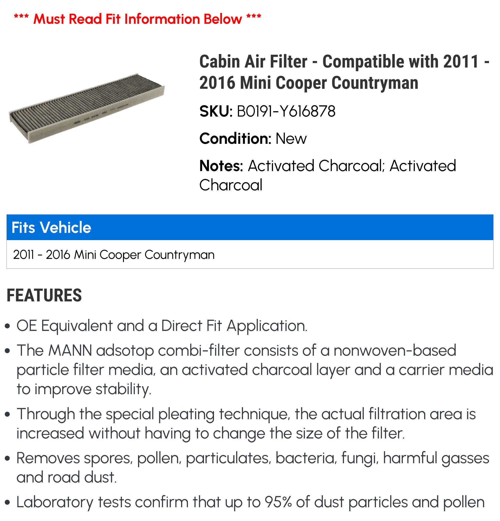 Cabin Air Filter - Suitable with 2011 - 2016 Mini Cooper Countryman 2012 2013 2014 2015