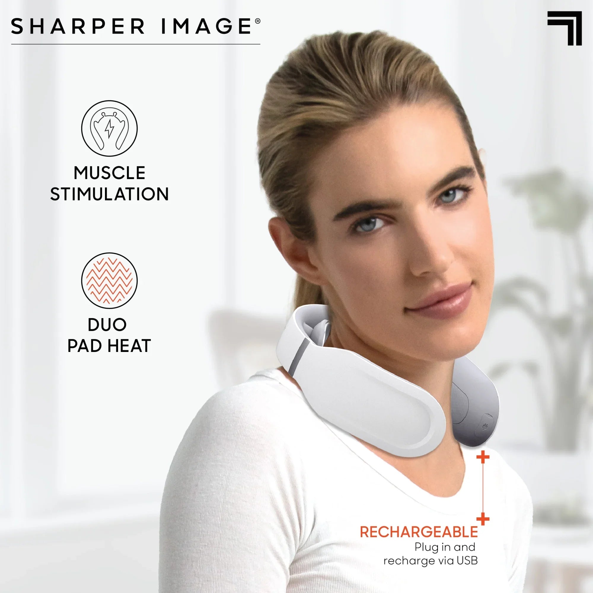 Sharper Image® Neck Tens Muscle Stimulator with Soothing Heat & Wireless Remote, Pain Relief Therapy With 3 Massage Modes & 15 Intensity Levels, USB Rechargeable, 4 Hour Battery Life