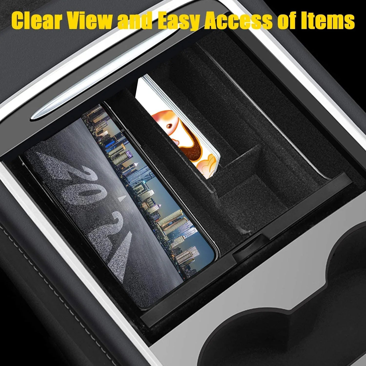 XTAUTO Center Console Organizer Tray Fit for 2021 2022 2023 Tesla Model 3/Y Armrest Storage Box Cubby Drawer Container Tesla Model 3 Model Y Accessories Interior Parts ABS Material Flocked Liner