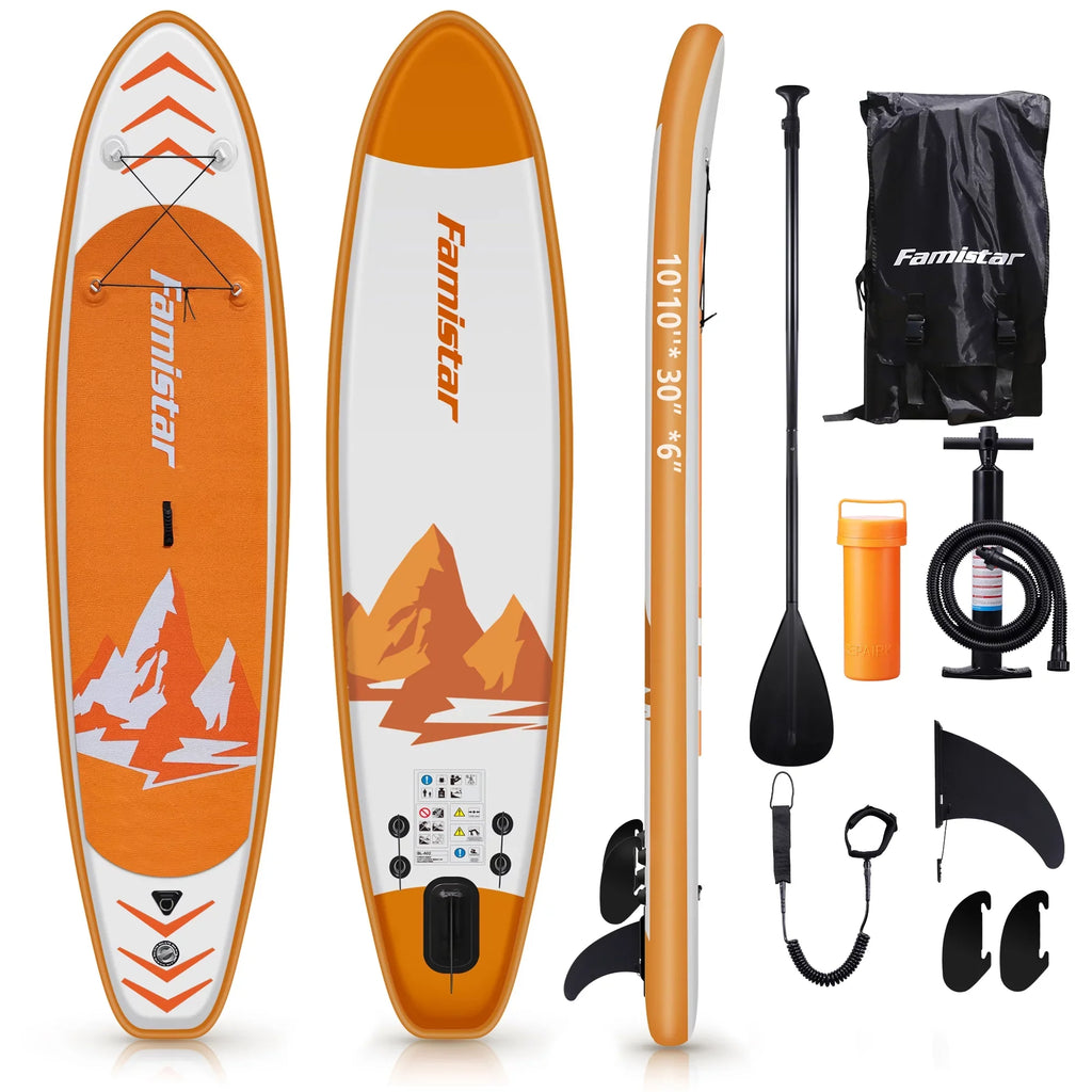 Famistar 10' Inflatable Stand Up Paddle Board (6"Thick) with SUP/ 3 Pins | Wide Stance, Bottom Fin for Paddling, Surf Control, Non-Slip Deck |Youth & Adult Standing Ship