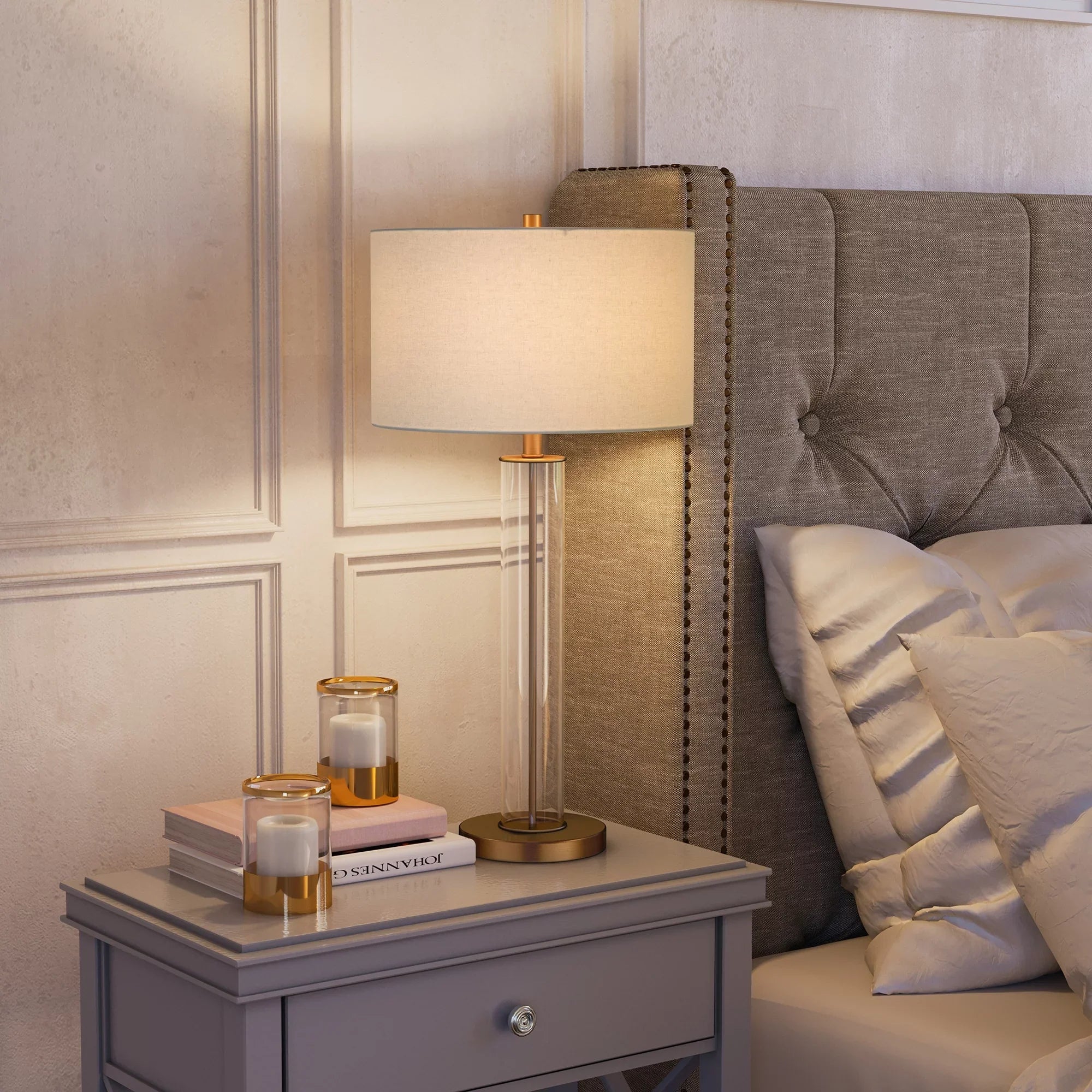 Evelyn&Zoe 29" Traditional Clear Glass Table Lamp with White Drum Linen Shade