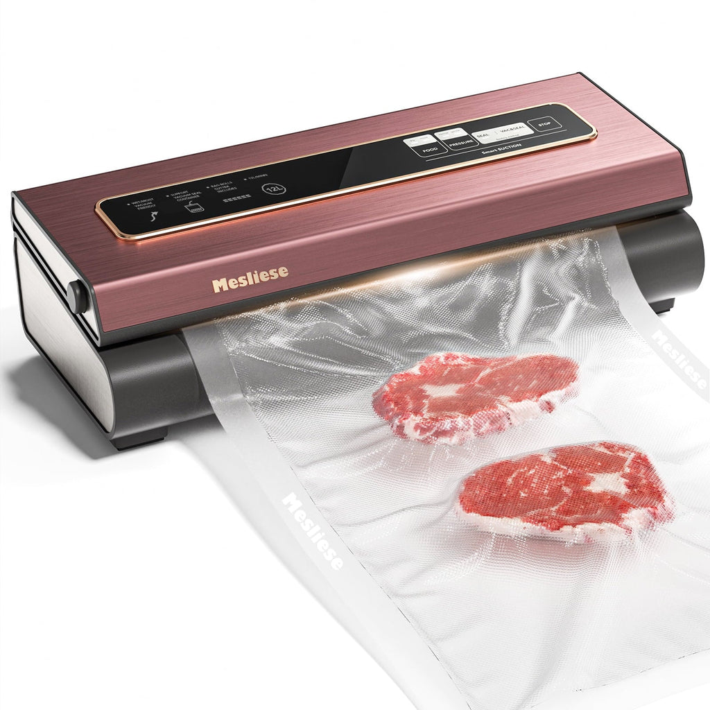 Mesliese Vacuum Sealer Machine Powerful 90Kpa Precision 6-in-1 Compact Food Preservation System with Cutter, 2 Bag Rolls & 5 Pre-cut Bags, Widened 12mm Sealing Strip, Dry&Moist Modes (Pink)