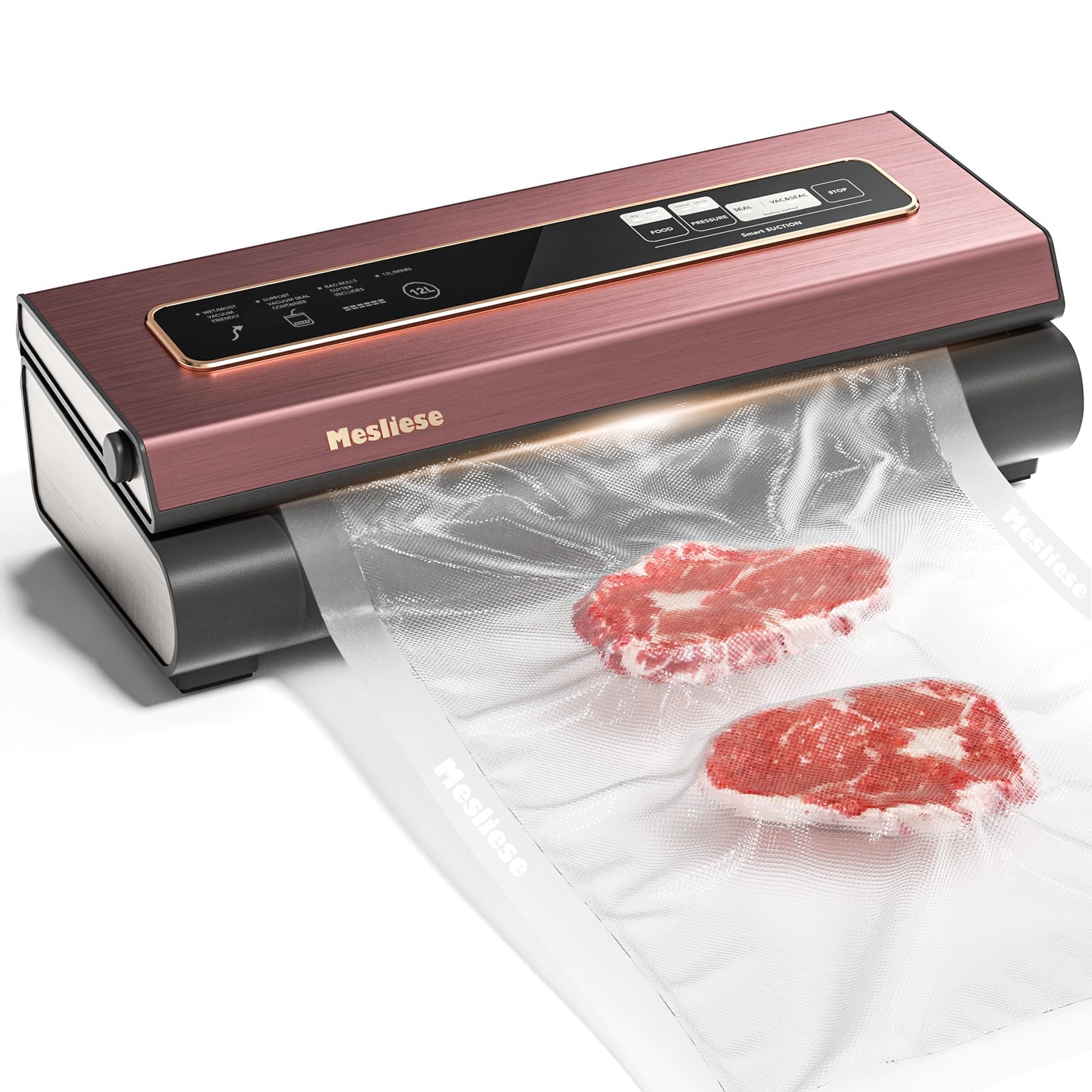 Mesliese Vacuum Sealer Machine Powerful 90Kpa Precision 6-in-1 Compact Food Preservation System with Cutter, 2 Bag Rolls & 5 Pre-cut Bags, Widened 12mm Sealing Strip, Dry&Moist Modes (Pink)