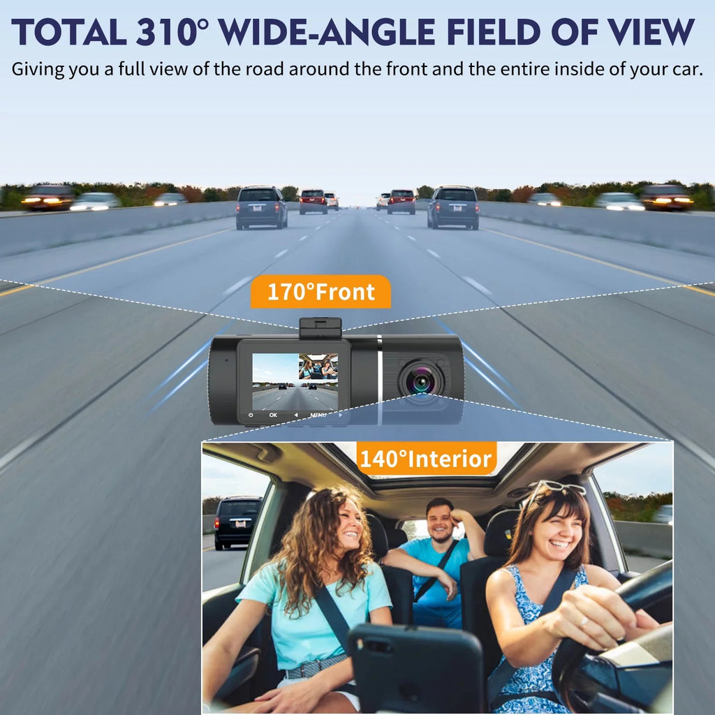 Abask J05 PRO DashCam 4K WiFi - Car Camera Front and Inside with Infrared Night Vision, 24H Parking Monitoring, Motion Sensor, 310° Wide Angle, G-Sensor, Loop Recording, HDR, Up to 128 GB