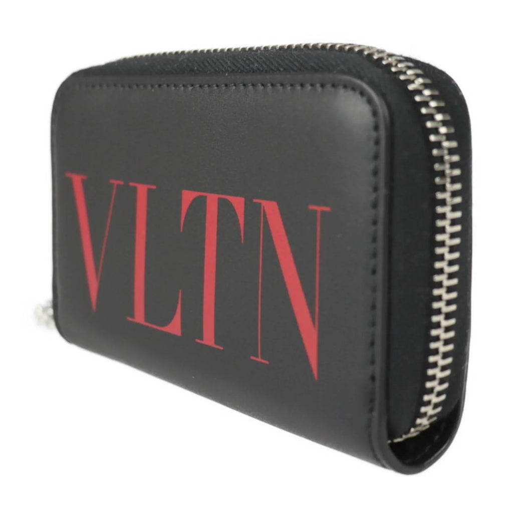 Pre-Owned Valentino Garavani coin case TY2P0P24LVN leather black red silver metal fittings round zipper purse with key ring (Like New)