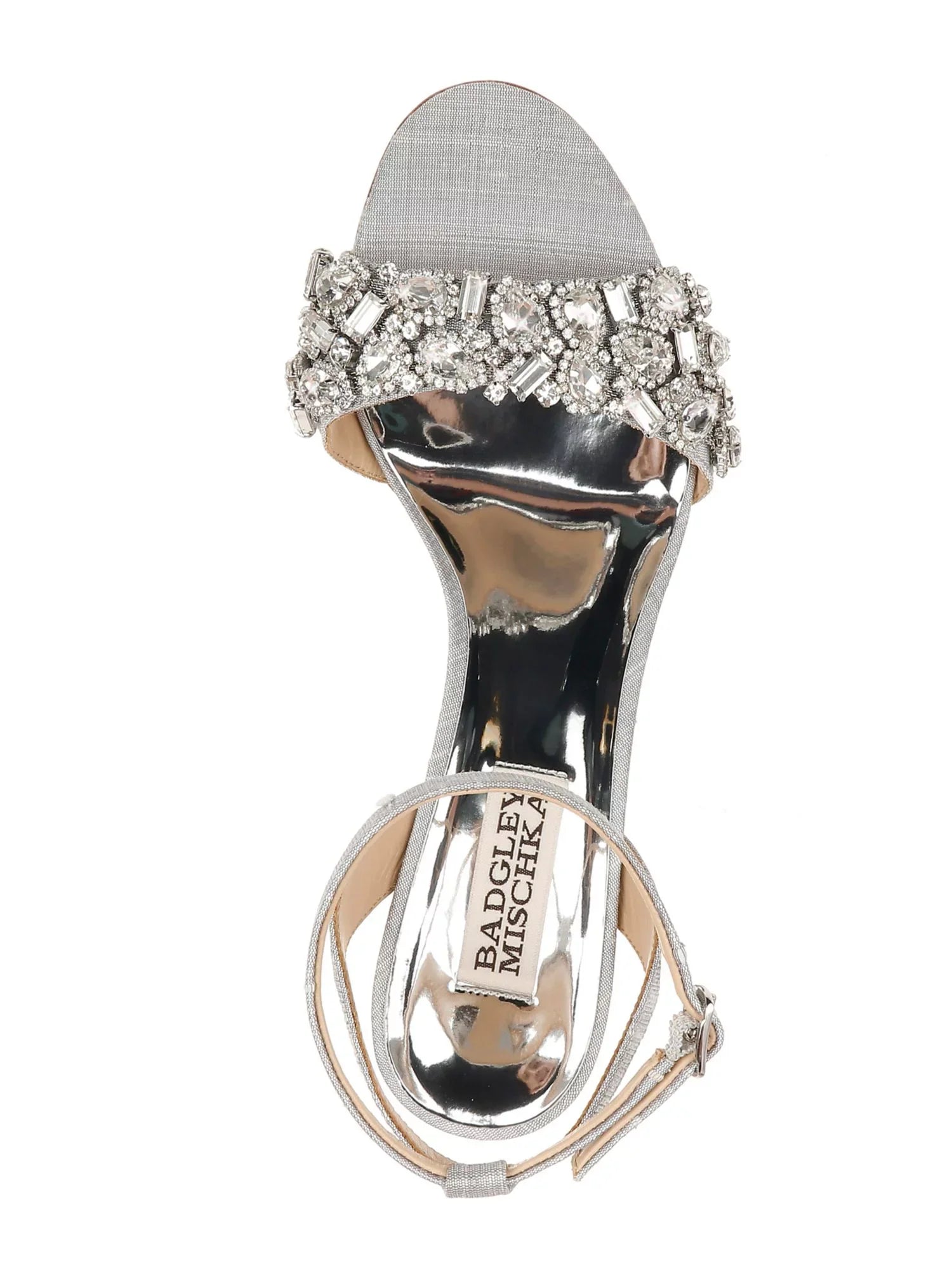 BADGLEY MISCHKA Womens Silver Toe Strap Metallic Rhinestone Round Toe Block Heel Latch Dress Sandals Shoes 7