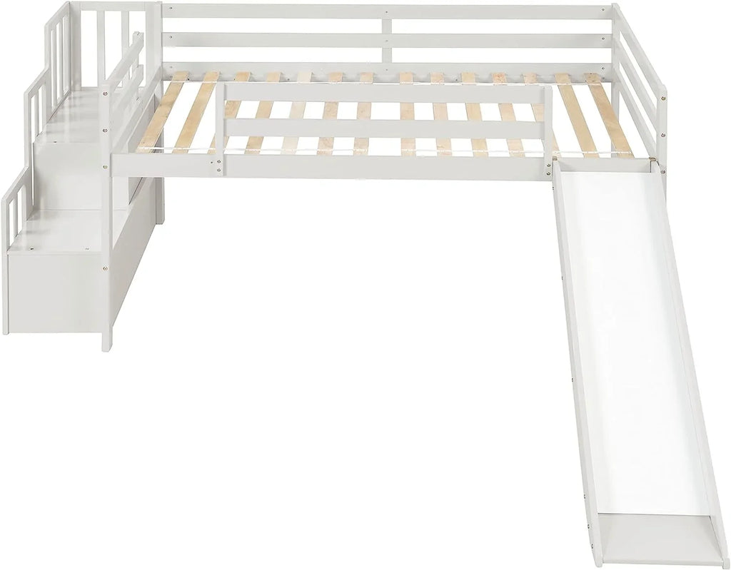NLTBONNIE Harper &amp; Bright Designs Low Loft Bed with Slide and Wood Twin Size Loft Bed Frame with Stairs Safety Rail for Toddlers Teens No Box Spring Needed (White)