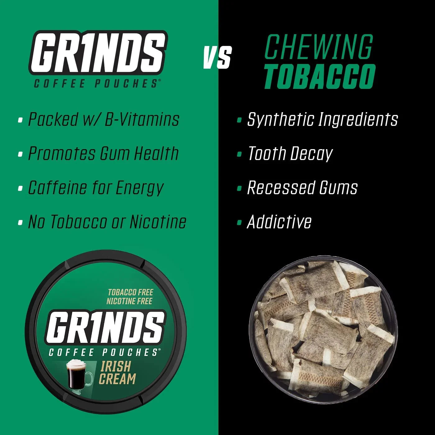 Grinds Coffee Pouches | 3 Cans of Irish Cream | Tobacco Free, Nicotine Free Healthy Alternative | 18 Pouches Per Can | 1 Pouch eq. 1/4 Cup of Coffee (Irish Cream)