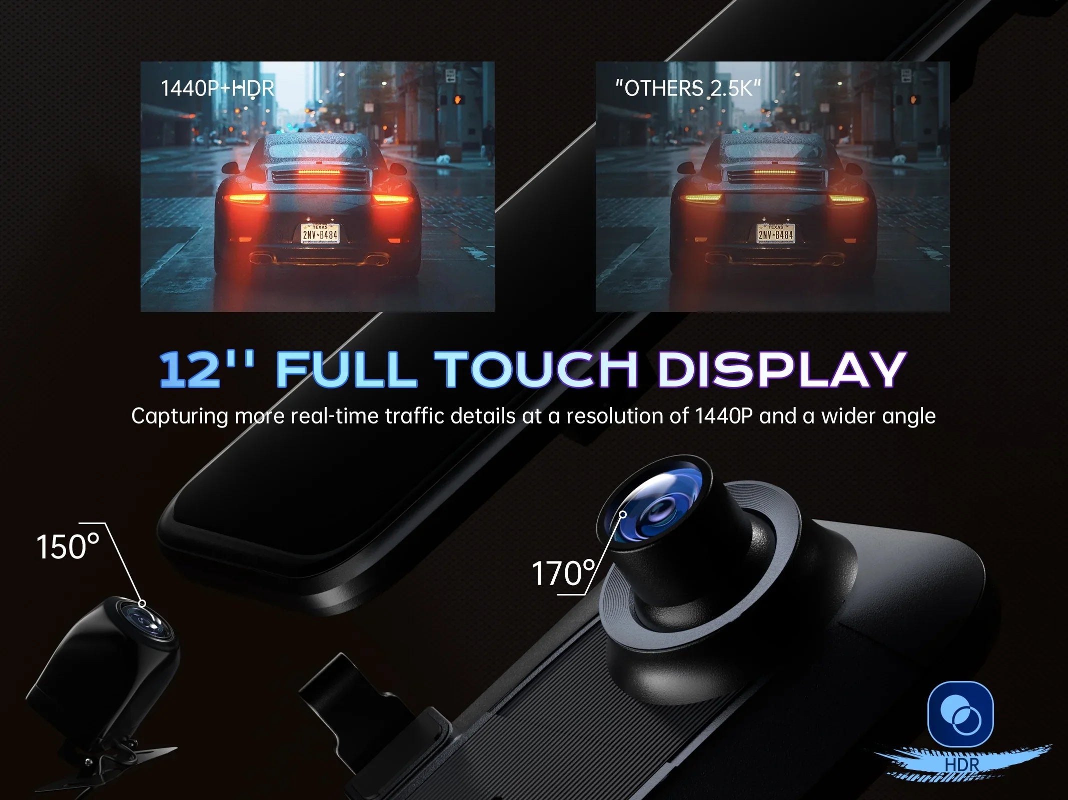 Pelsee P12 2.5K Mirror Dash Cam, 12'' 1440P QHD Front and Rear View Mirror Camera, Dual Dash Cam for Cars and Trucks, Night Vision, Voice Control, Parking Assistance, Reversing Assistance