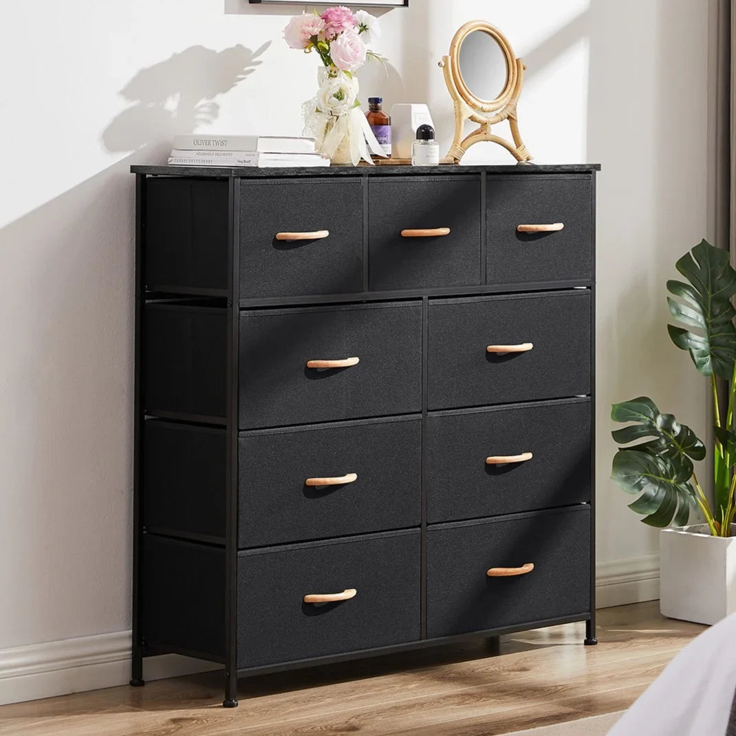 Bigroof 9-Drawer Fabric Dresser, Furniture Storage Tower Cabinet, Organizer for Bedroom, Living Room, Hallway, Closet, Sturdy Steel Frame, Wooden Top, Easy-to-Pull Fabric Bins(Black Grey)