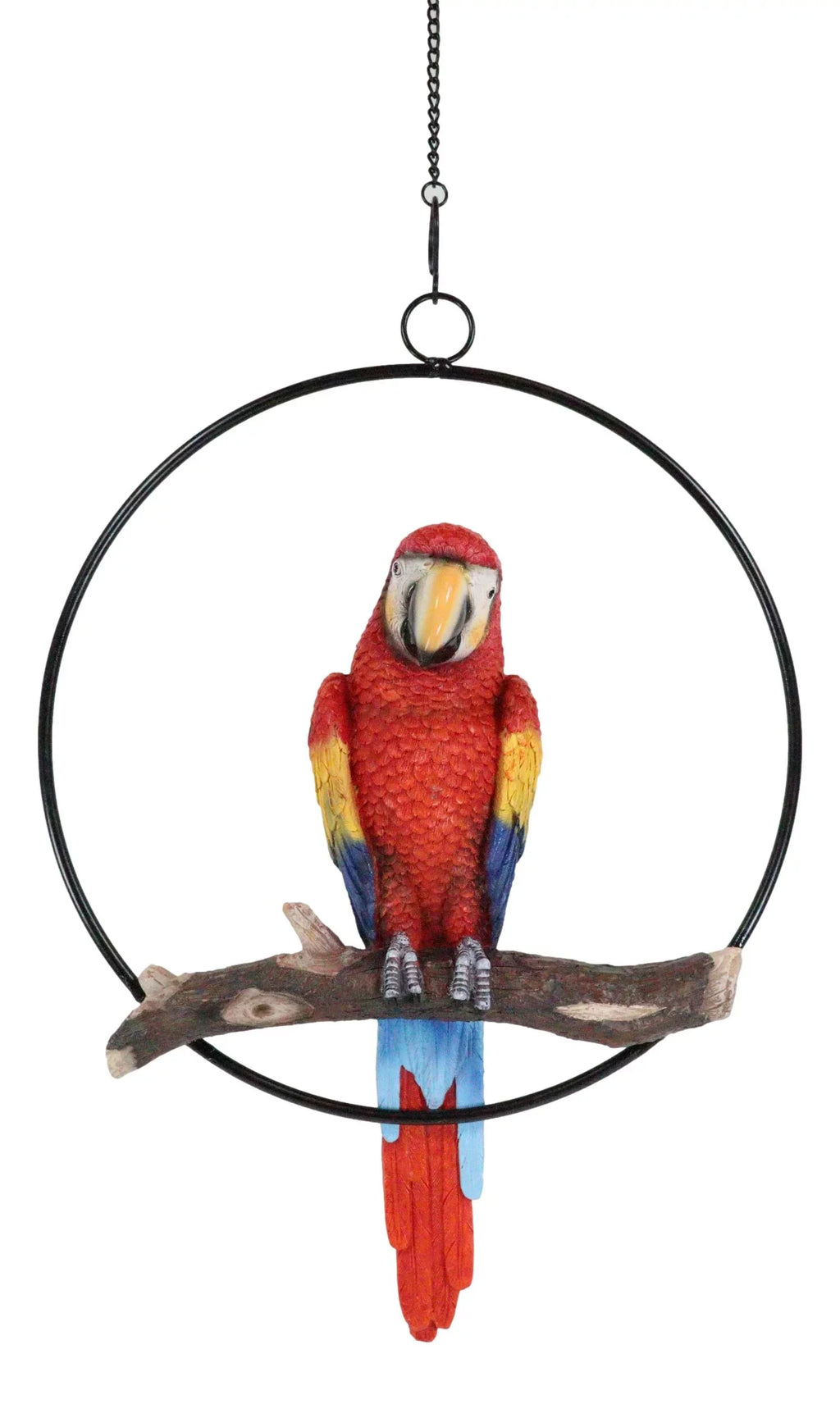 Ebros Hanging Scarlet Macaw Parrot Perching on Branch in Metal Round Ring 13.5"H