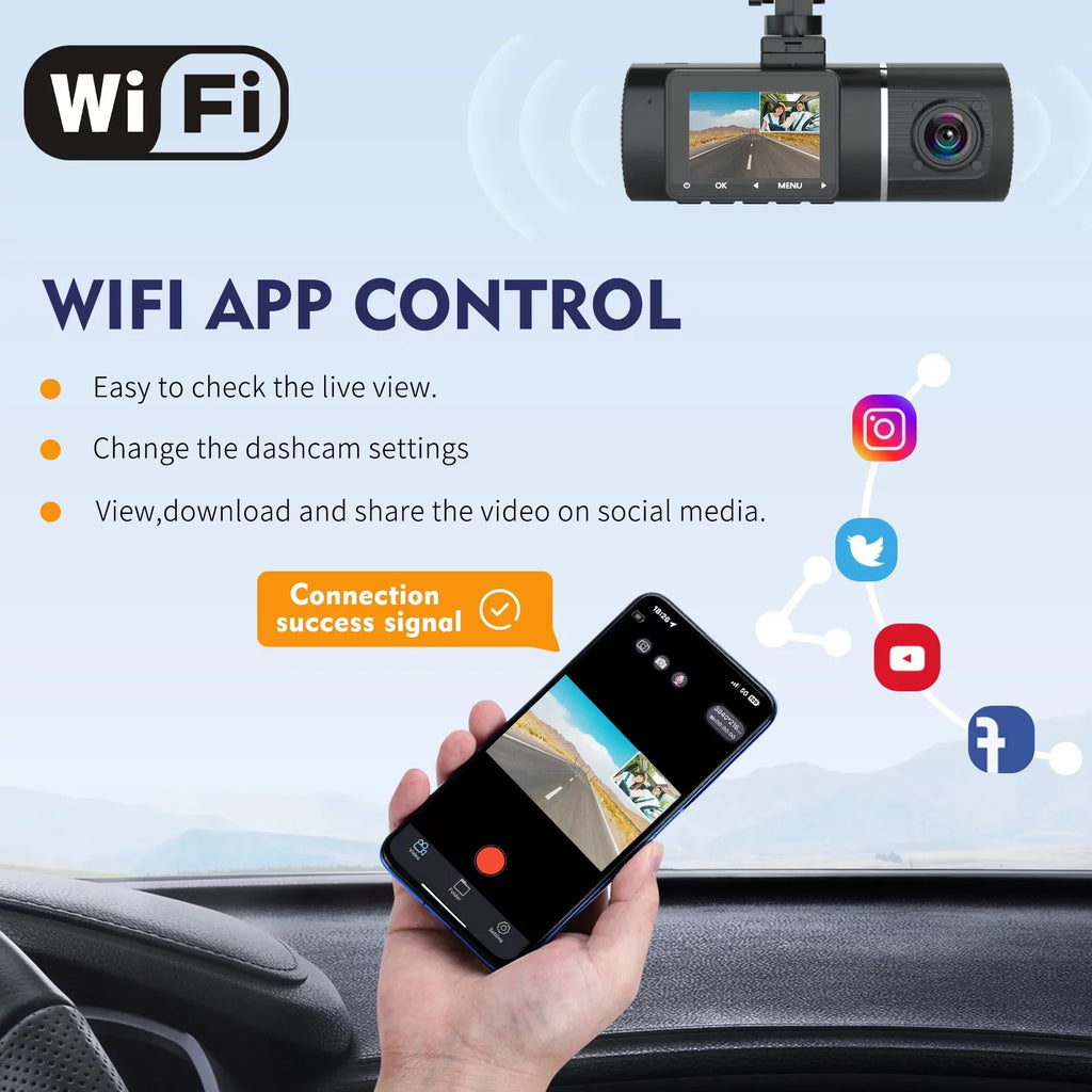 Abask J05 PRO DashCam 4K WiFi - Car Camera Front and Inside with Infrared Night Vision, 24H Parking Monitoring, Motion Sensor, 310° Wide Angle, G-Sensor, Loop Recording, HDR, Up to 128 GB