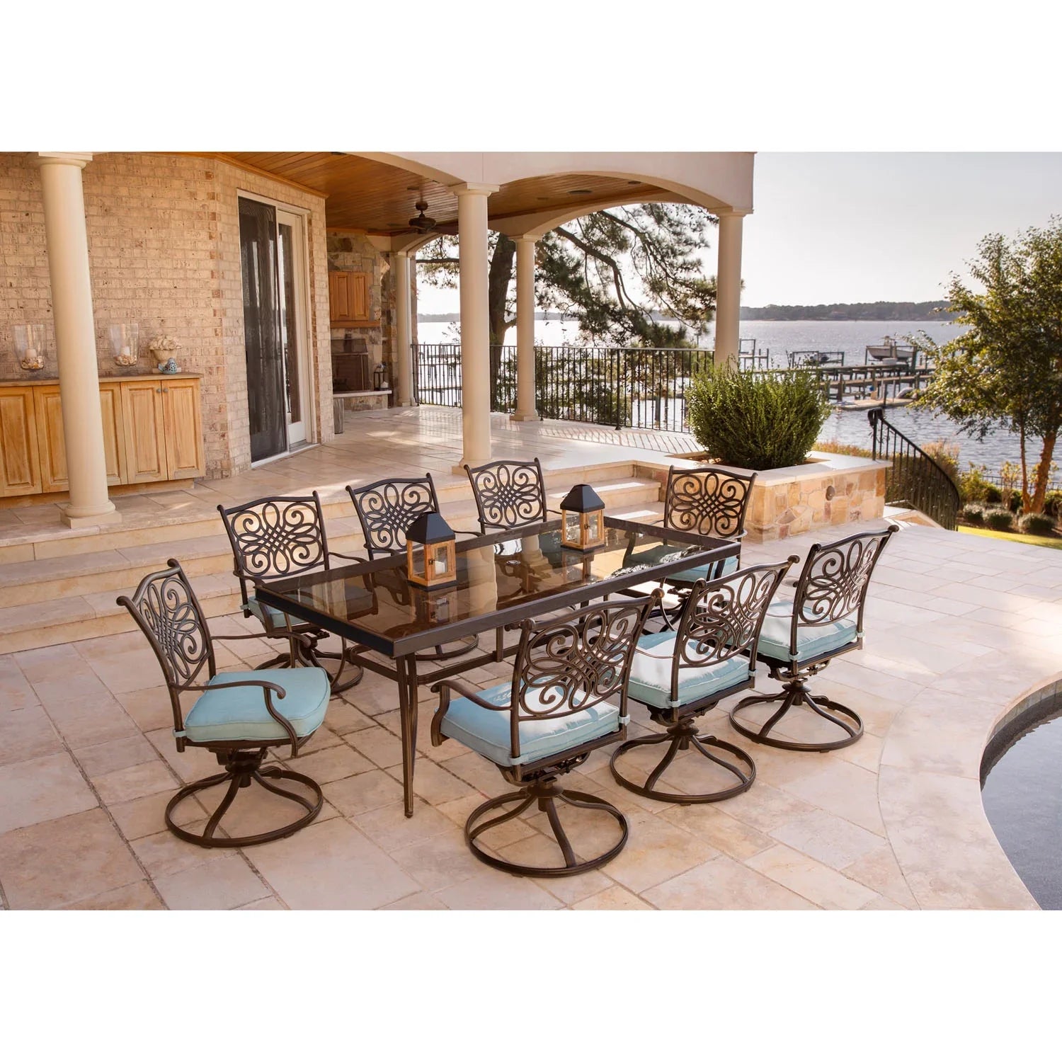 Cambridge Seasons 9-Piece Dining Set in Blue with Extra Large Glass-Top Dining Table