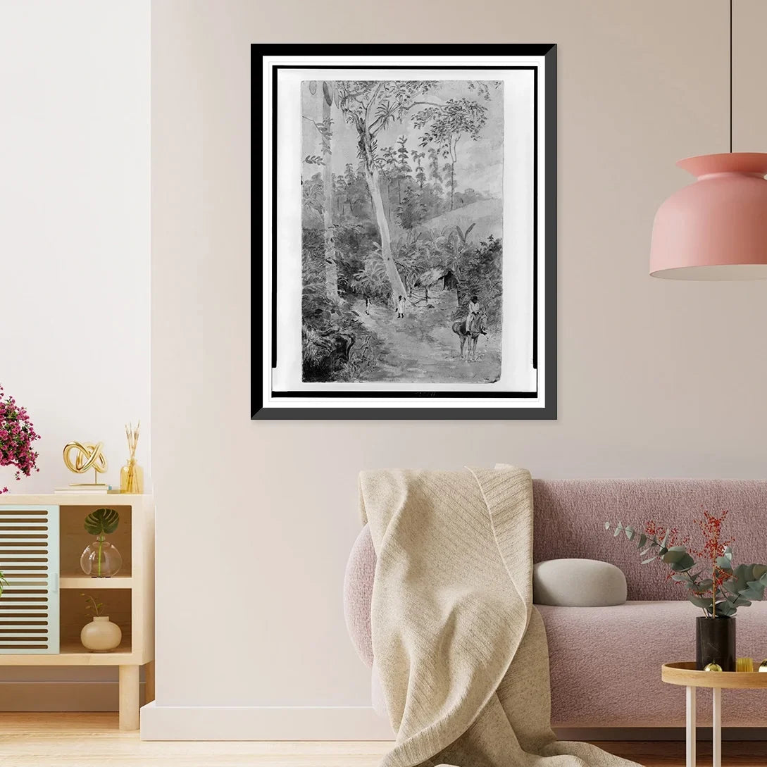 Historic Framed Print, Plantain Walk - Bookkeeper - Watchman and Hut - man with casks of Top-notch in stirrup, 17-7/8" x 21-7/8"