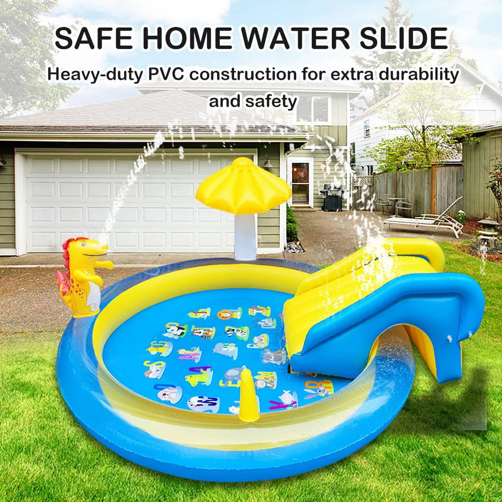 Sanmadrola Dinoland Inflatable Play Center Kiddie Pool with Slide for Age 2+ Kids Sprinkle Wading Pool Cute Dinosaur Toddler Pools for Backyard Outdoor Indoor, 78 x 78 x 43 Inches, Blue and Yellow
