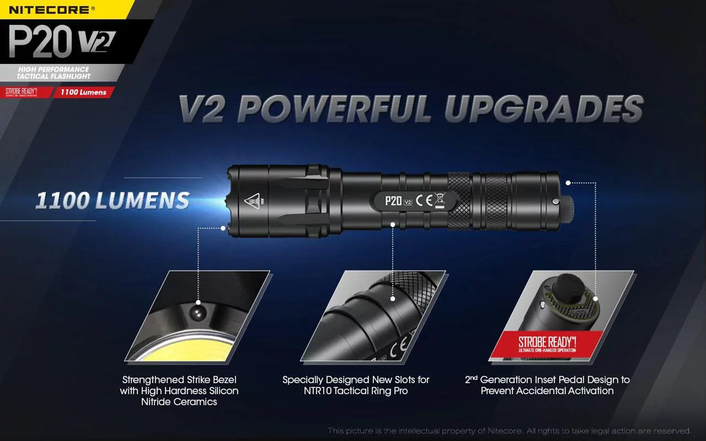 Combo: Nitecore P20 V2 Tactical LED Flashlight - CREE XP-L2 V6 - 1100 Lumens w/NL183 Battery, UI1 Charger +Free Eco-Sensa USB Cord