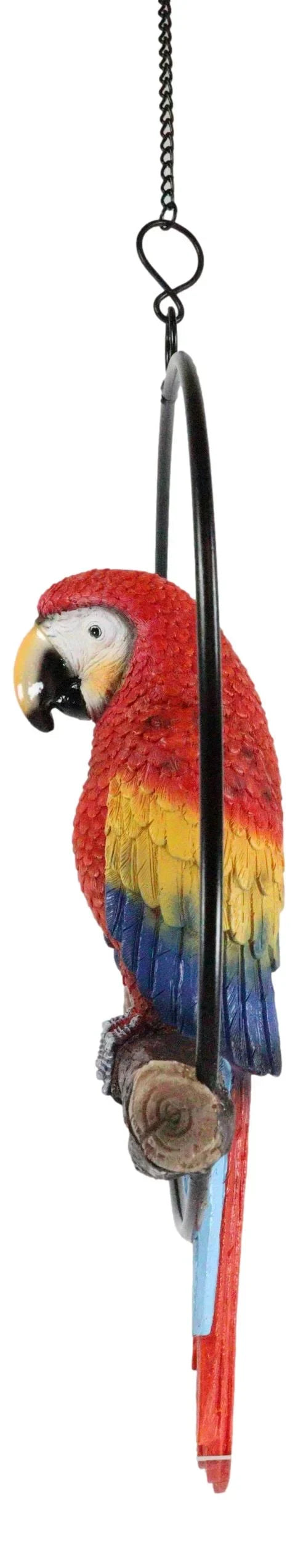 Ebros Hanging Scarlet Macaw Parrot Perching on Branch in Metal Round Ring 13.5"H
