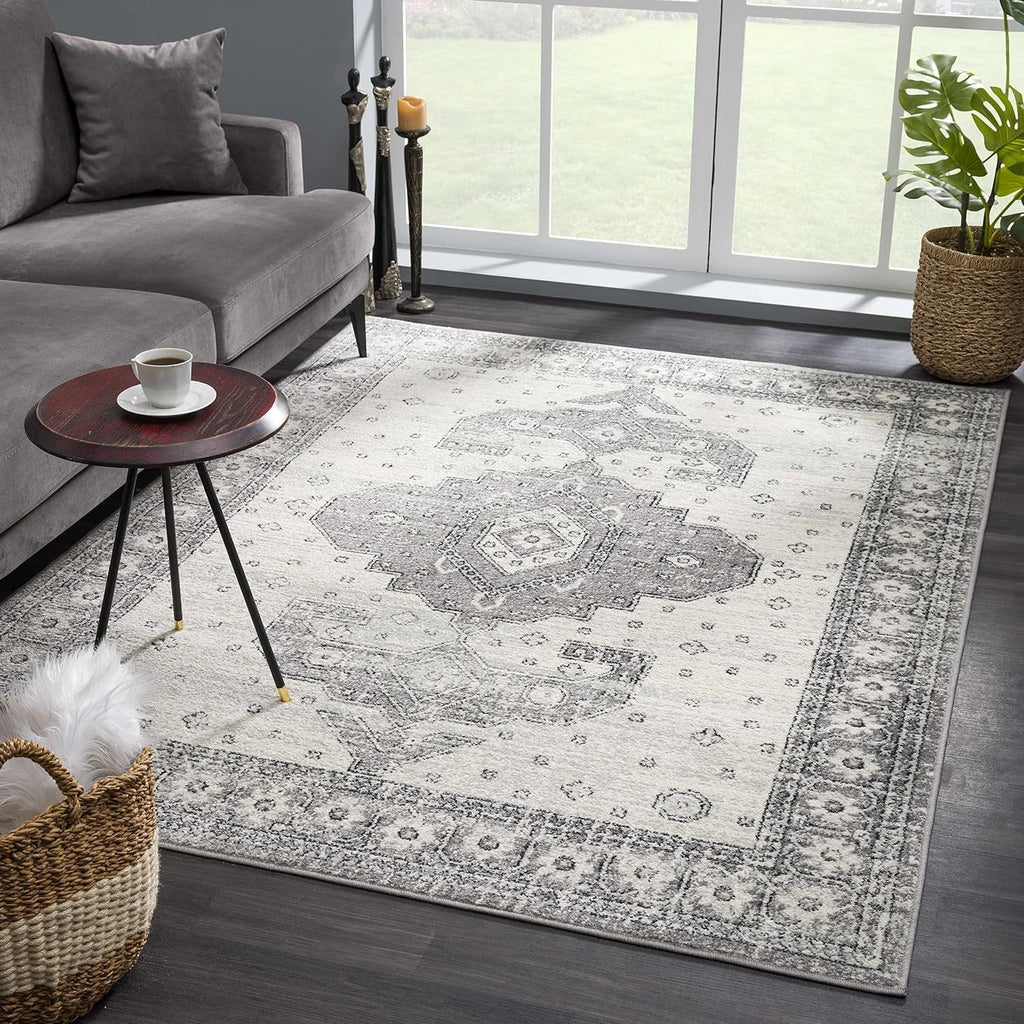 Marash Collection Goksun Persian Traditional Living Room, Bedroom, Indoor Area Rug - Oriental Medallion Pattern - Boho Vintage Distressed - Grey, Beige - 7'10" X 10'