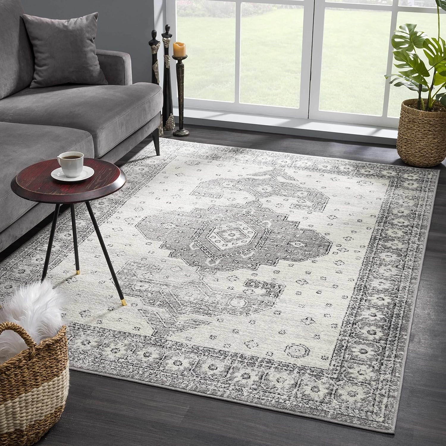 Marash Collection Goksun Persian Traditional Living Room, Bedroom, Indoor Area Rug - Oriental Medallion Pattern - Boho Vintage Distressed - Grey, Beige - 7'10" X 10'