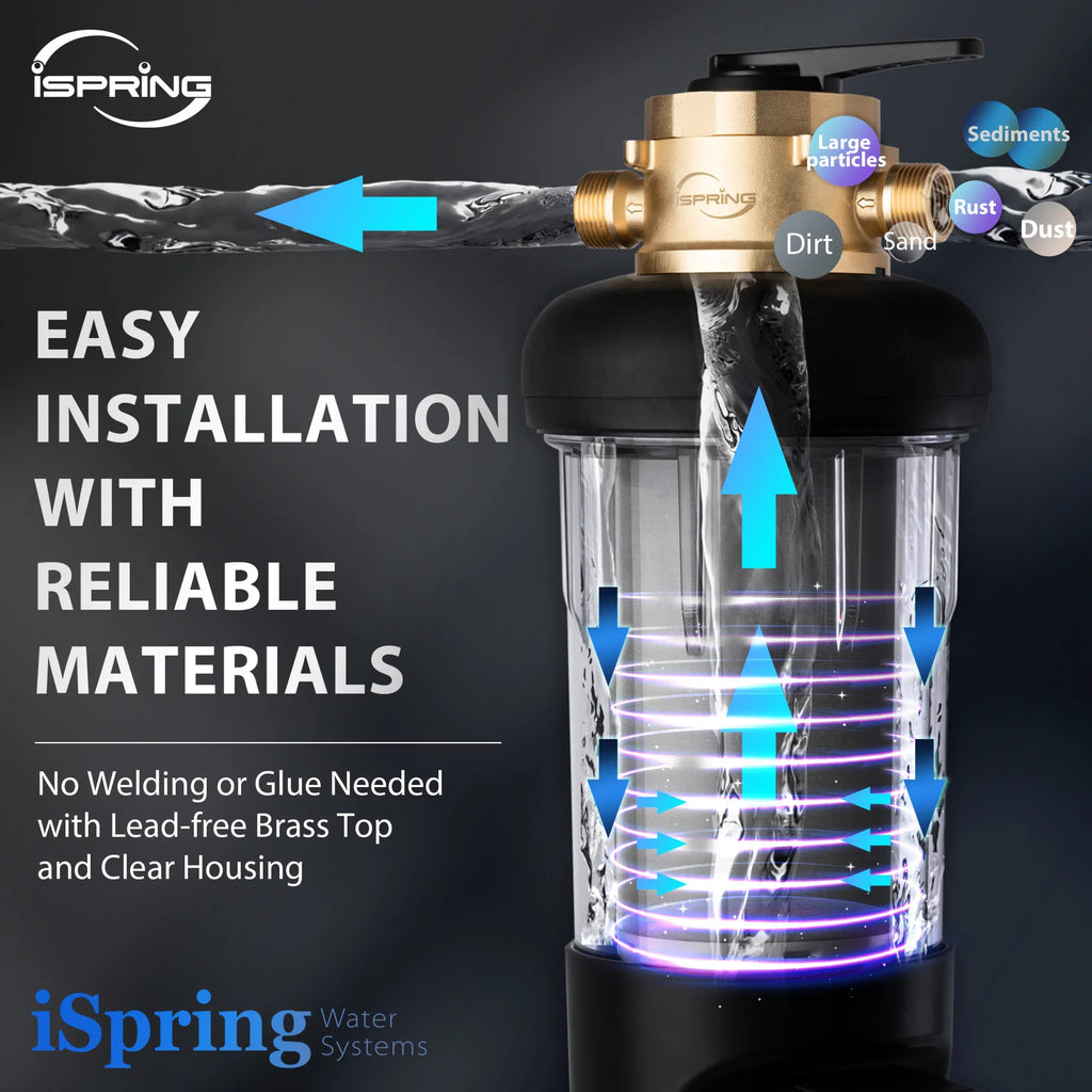 iSpring WSP500ARJ-BP Whole House Prefilter, Spin-Down Sediment Water Filter with Bypass, Upgraded Clear Housing, Jumbo Size, Flushable and Reusable, Touch-Screen Auto Flushing, 4 Modes, 500 Microns