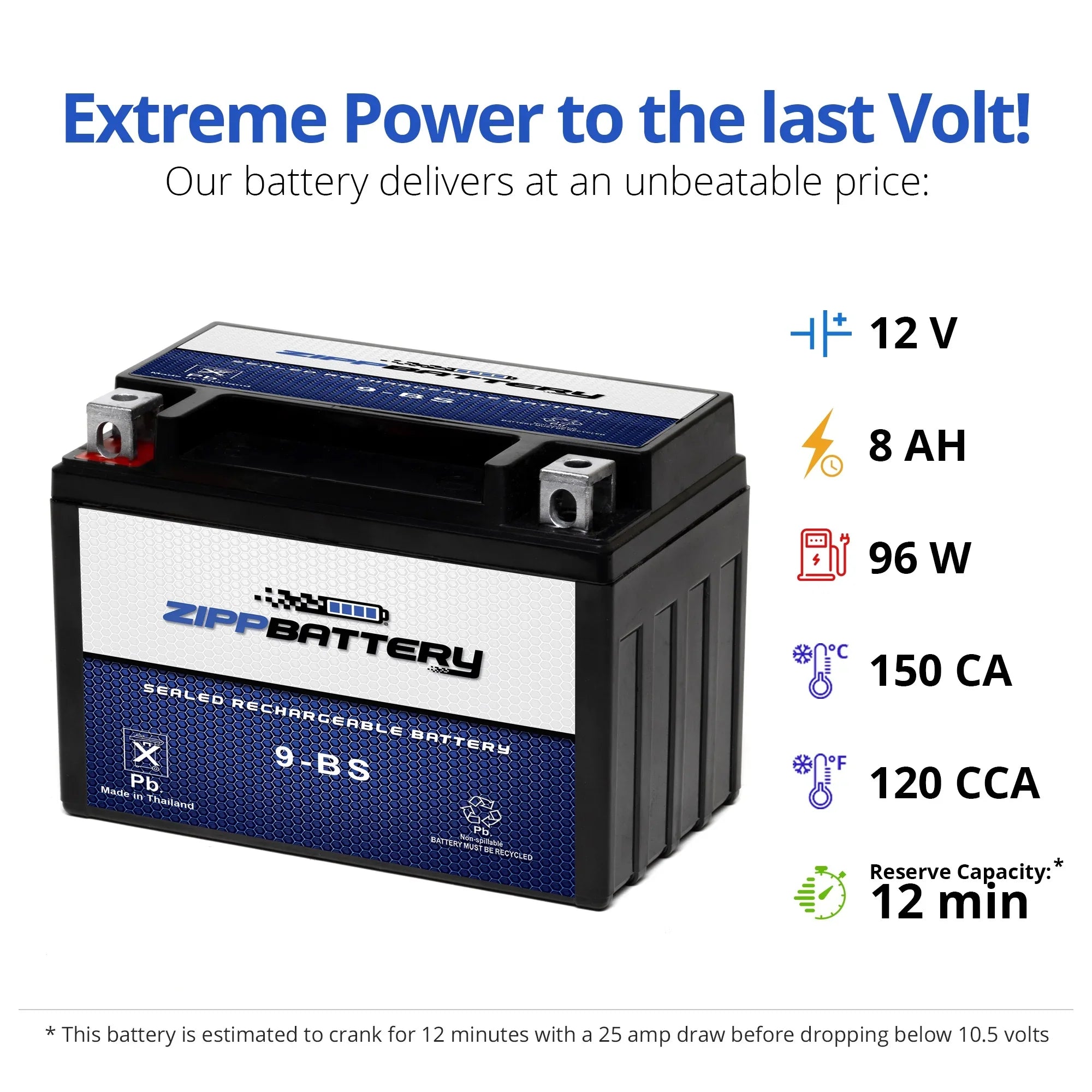Zipp Battery YTX9-BS (9-BS 12 Volt,8 Ah, 120 CCA) Motorcycle Battery for Suzuki Gsx-r600 600cc 97-'09
