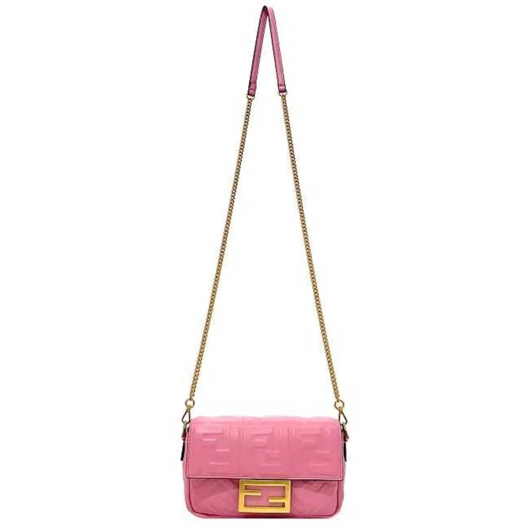 Pre-Owned Fendi Baguette Small Pink Gold 8BS017 Leather GP FENDI Shoulder Bag FF Embossed Ladies Chain (Like New)