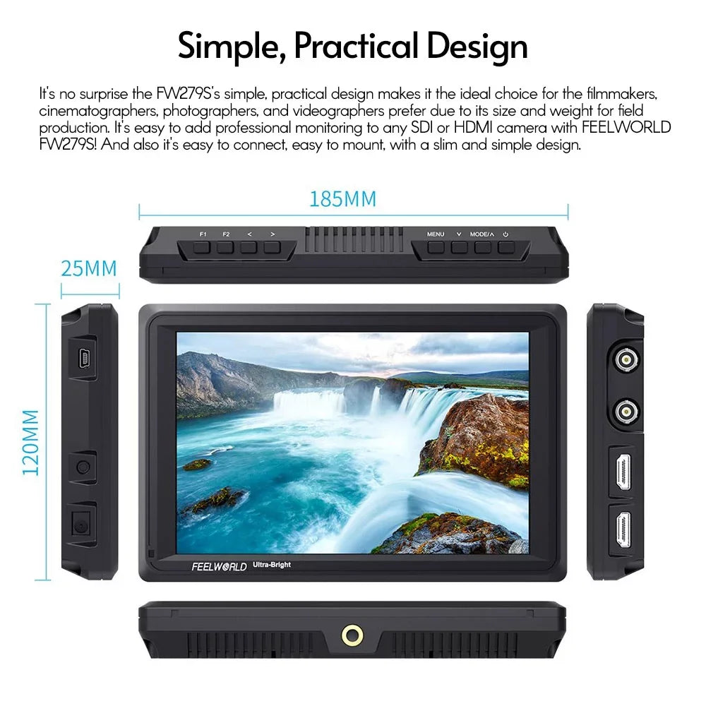 FEELWORLD FW279S 7 Inch 2200nit Ultra Bright Daylight Viewable Field Monitor Thin Design 3G-SDI 4K Input Output 1920*1200 IPS Panel for Outside / Viewable Even in Direct Sunlight