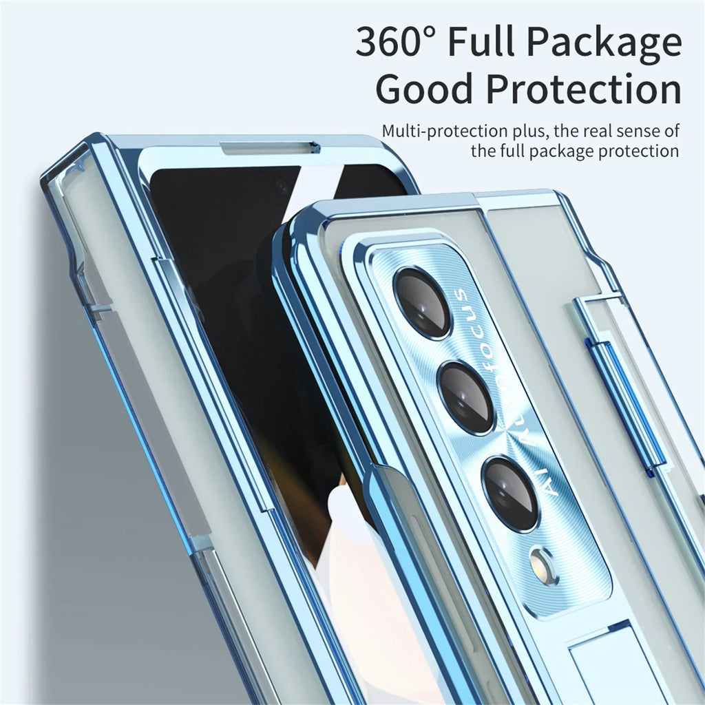 TECH CIRCLE Galaxy Z Fold 3 Case, Ultra-Thin Luxury Perfect Clear Plating Hard PC Crystal Transparent Kickstand Wrap Anti-Scratch Shockproof Protection Case for Samsung Galaxy Z Fold 3 5G, Blue